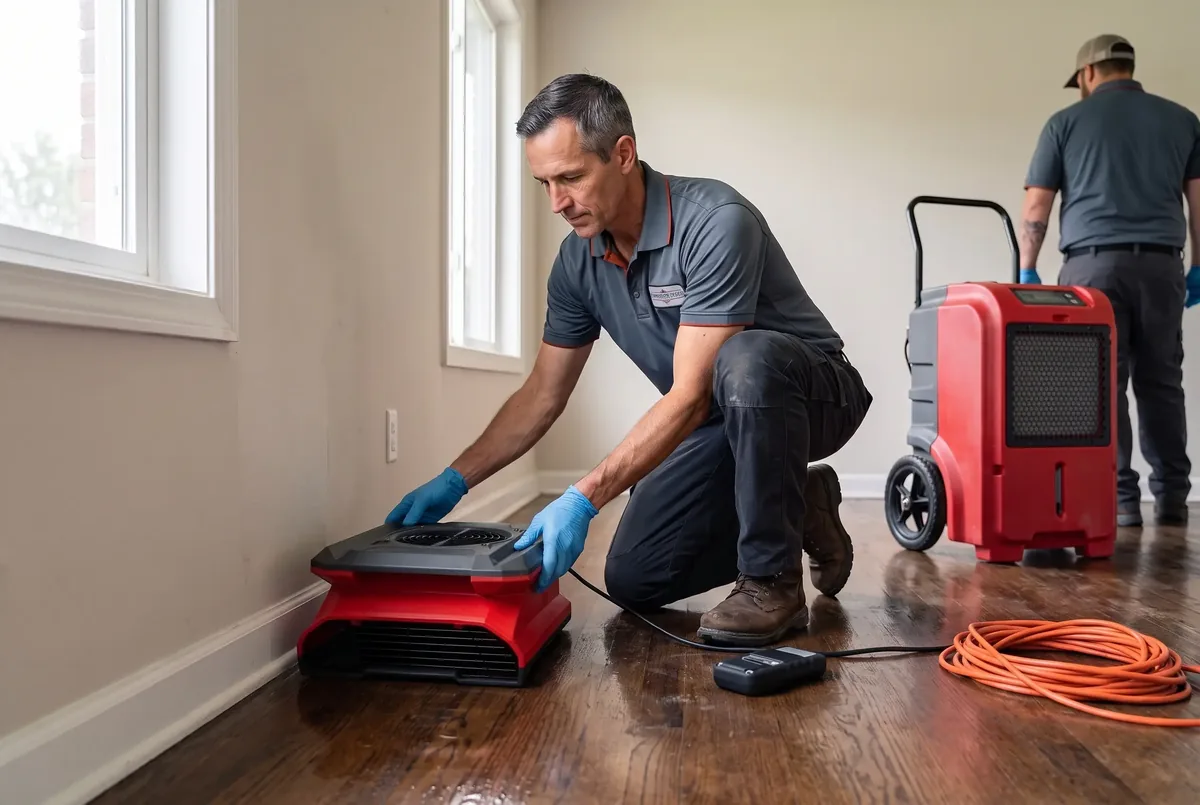 Technician setting a red air mover against a wall on a wet hardwood floor