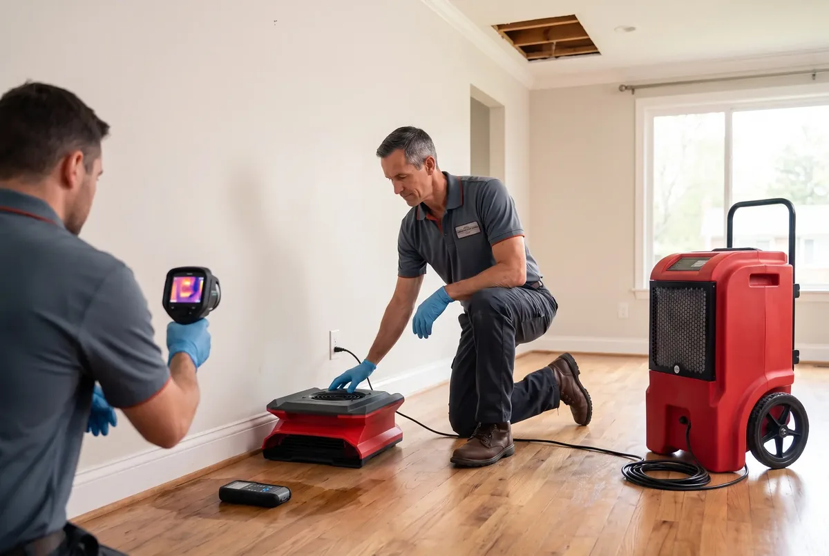 Technician placing an air mover while a second technician scans the wall with a thermal camera